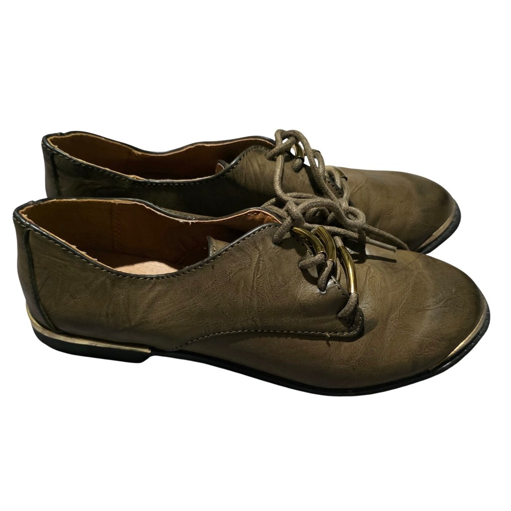 Qupid Womens Brown Faux Leather Lace Up Oxford Shoes Gold Trim Size 6‎